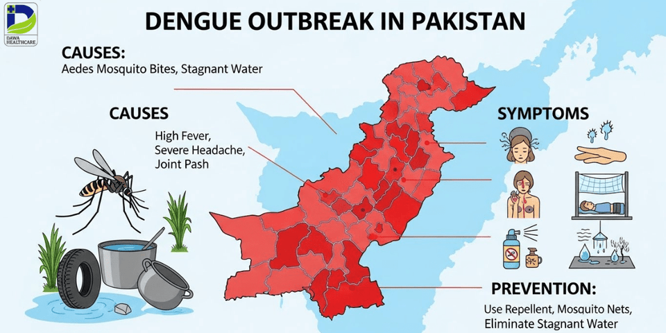 Visual representation of dengue outbreak in Pakistan, featuring infographics on infection rates and preventive measures.