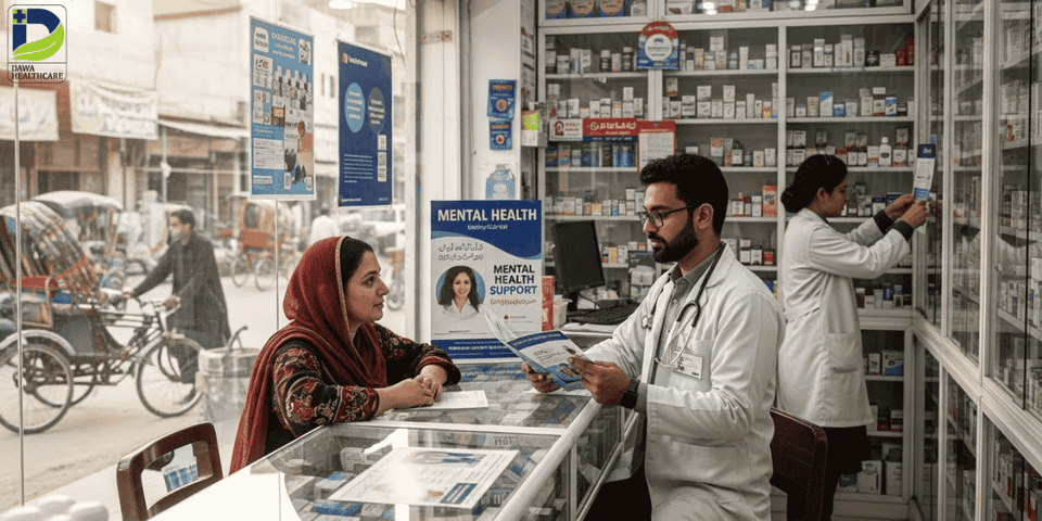 A pharmacist assists a customer at the pharmacy, discussing medication options and providing guidance.