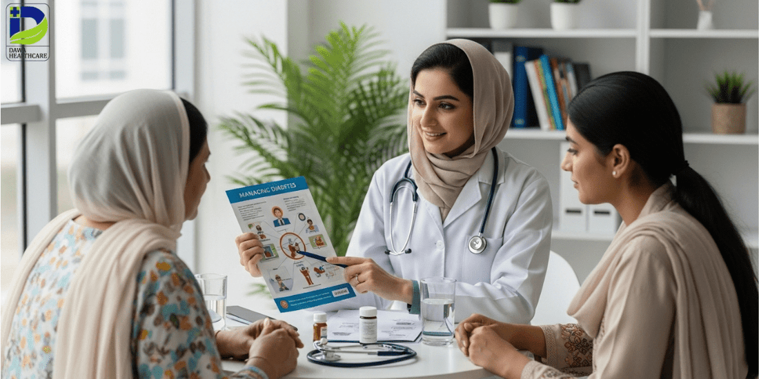 Three women, including one in a hijab, are engaged in conversation, exchanging thoughts and expressions in a warm atmosphere.