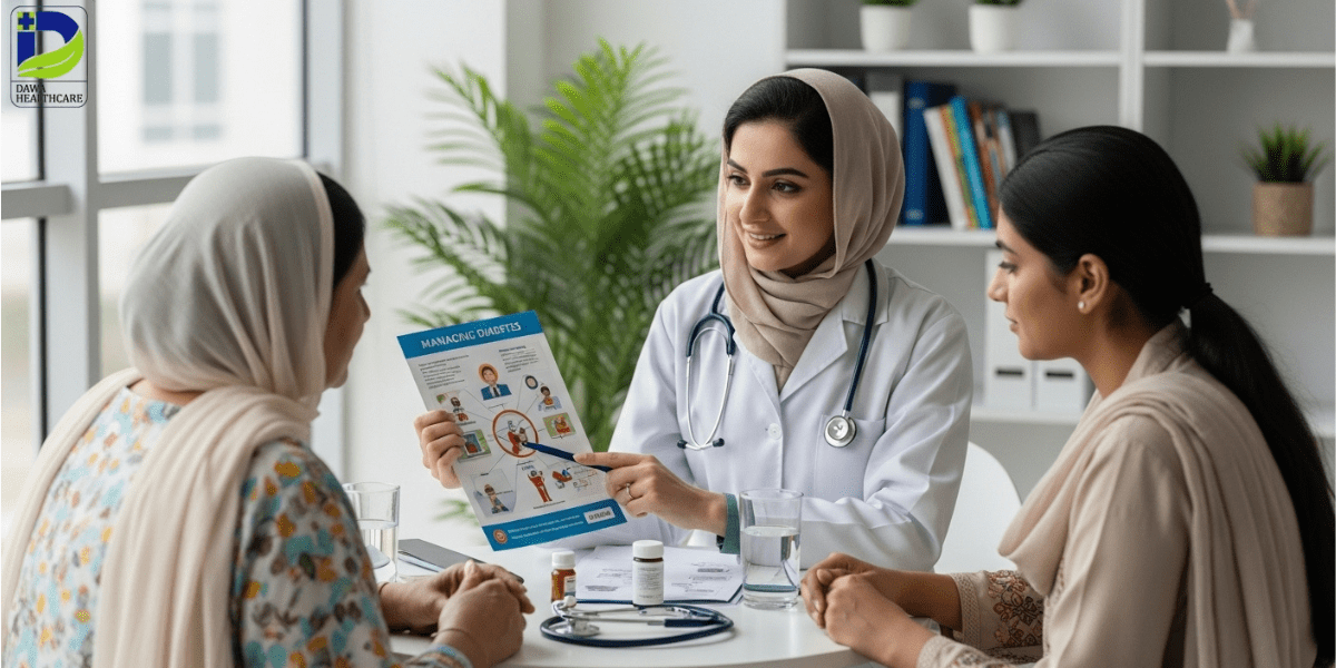 Three women, including one in a hijab, are engaged in conversation, exchanging thoughts and expressions in a warm atmosphere.