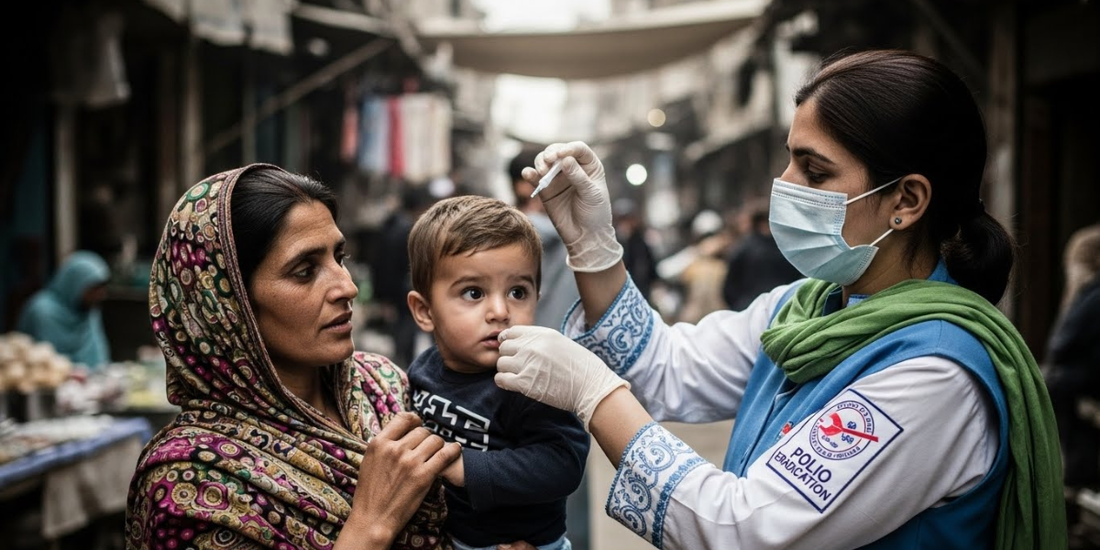 A masked woman lovingly holds a child, showcasing a moment of tenderness and protection during uncertain times.
