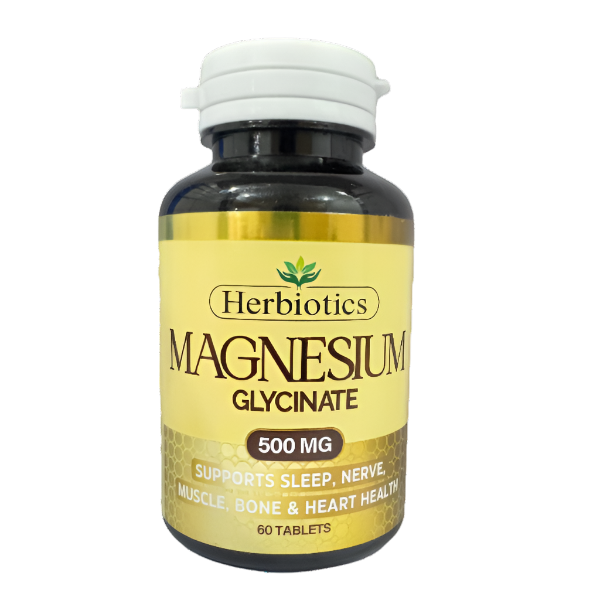 A bottle of Herbiotics Magnesium Glycinate 500mg with 60 tablets, labeled for supporting sleep, nerve function, muscle tone, and heart health.