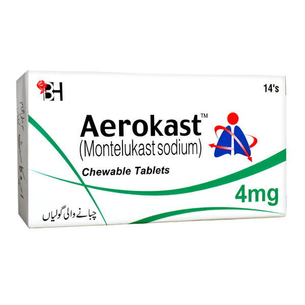 Box of Aerokast Montelukast Sodium Chewable Tablets on a white background