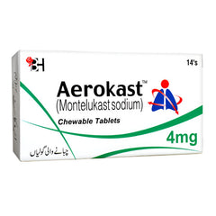 Box of Aerokast Montelukast Sodium Chewable Tablets on a white background
