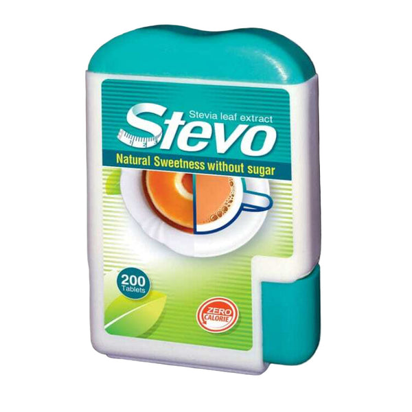 Stevo stevia leaf extract packaging on a white background